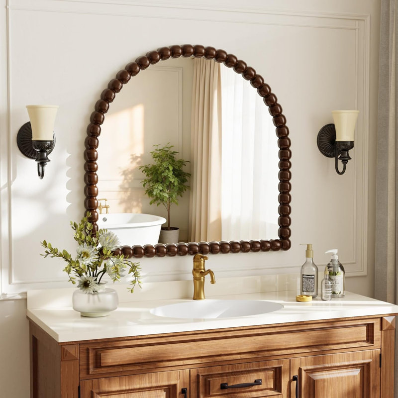 Arched Bathroom Wall Mounted Vanity Mirror, Vintage Beaded Decorative Makeup Mirror, Bronze, 31" x 32"