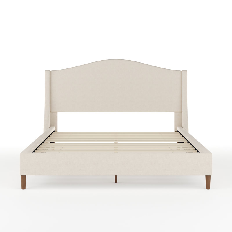 Martha Stewart Amelia Upholstered Platform Bed With Curved Headboard, Queen, Beige