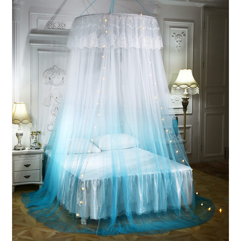 Blue and White Double Layer Princess Bed Canopy with LED Lights