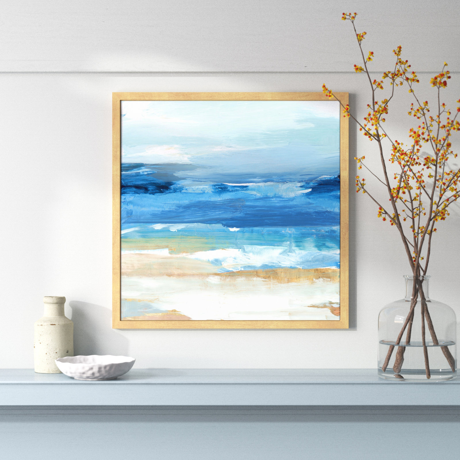 Surface Waves - Picture Frame Painting Print, 23.5" H x 23.5" W x 0.75" D, Natural Framed