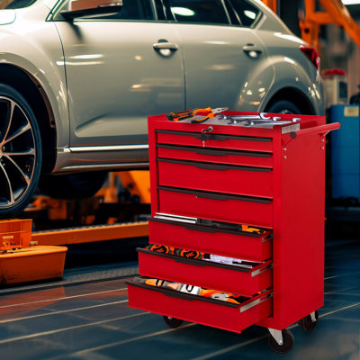 Armoire à outils à roulettes 7Drawer, coffre à outils en métal de grande capacité avec roulettes et verrouillage des cylindres, chariot à outils de rangement à roulettes pour garage, entrepôt, atelier rouge