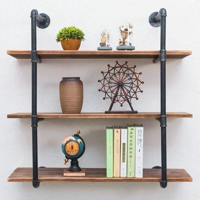 Industrial Pipe Shelves Wall Shelving Rustic Wood Shelf Storage Shelves 3 Tiers Wall Mount Pipe Design DIY Shelf Retro Wall Shelving (Black, 36" L)