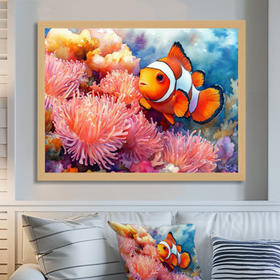 Orange Pink Clownfish and Sea Anemone II - Coastal Coral Under Water Picture Framed Wall Art