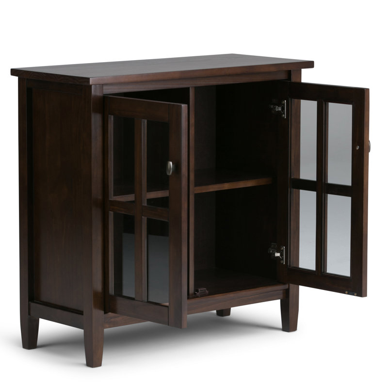 Warm Shaker 32"W Solid Wood Transitional Low Storage Cabinet with Tempered Glass Doors and Adjustable Shelves, Tobacco Brown