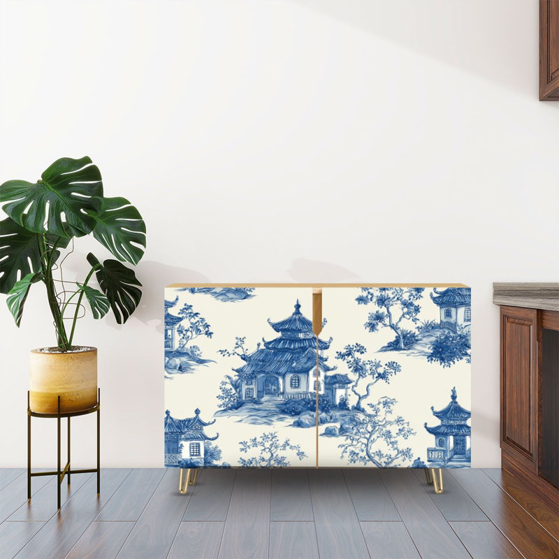 Buffet Buffet avec rangement Magnifique pagode à encre de Chine de style chinois avec 2 portes pour le salon et la cuisine