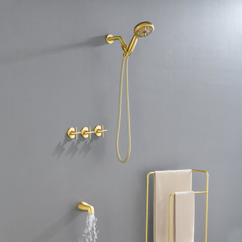 Ensemble de robinet de douche à 3 poignées avec douche à main 10 jets Ensemble de douche à main 4,7 pouces Système de douche mural avec douchette de baignoire Ensemble de garniture de baignoire et de douche