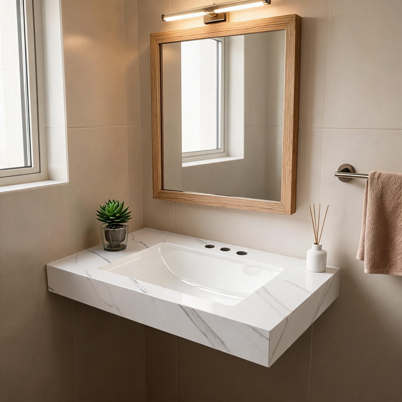 Comptoir en pierre frittée blanche de Carrare de 30 pouces et lavabo encastré en céramique avec trois trous prépercés pour robinetterie standard
