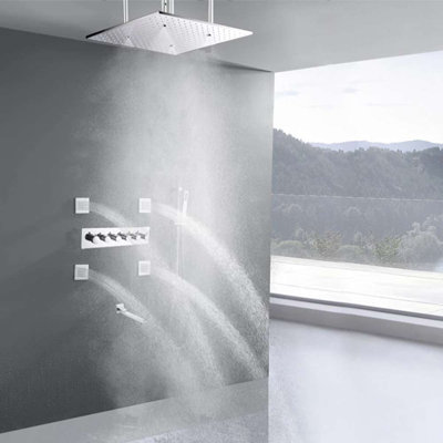Modica Phone Controlled Thermostatic LED Rainfall Waterfall Shower Head System with Square Handheld Shower