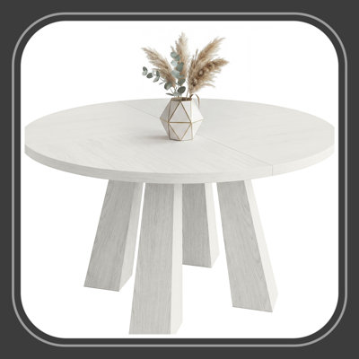 Sleek Modern 47 Inch Round Dining Table for 4 – Space-Saving, Sturdy Wood Construction – Perfect for Kitchen  Dining Room – Cool White Embossed