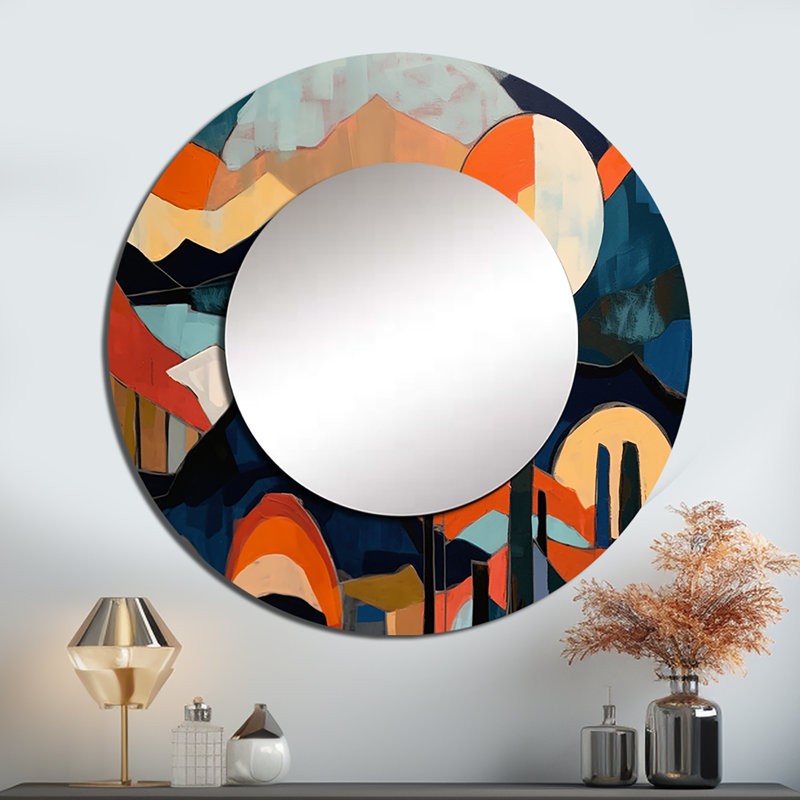 Sondria Mid Century Perspectives III - miroir mural moderne unique Mid-Century, miroir rond moderne, impression d'art en métal