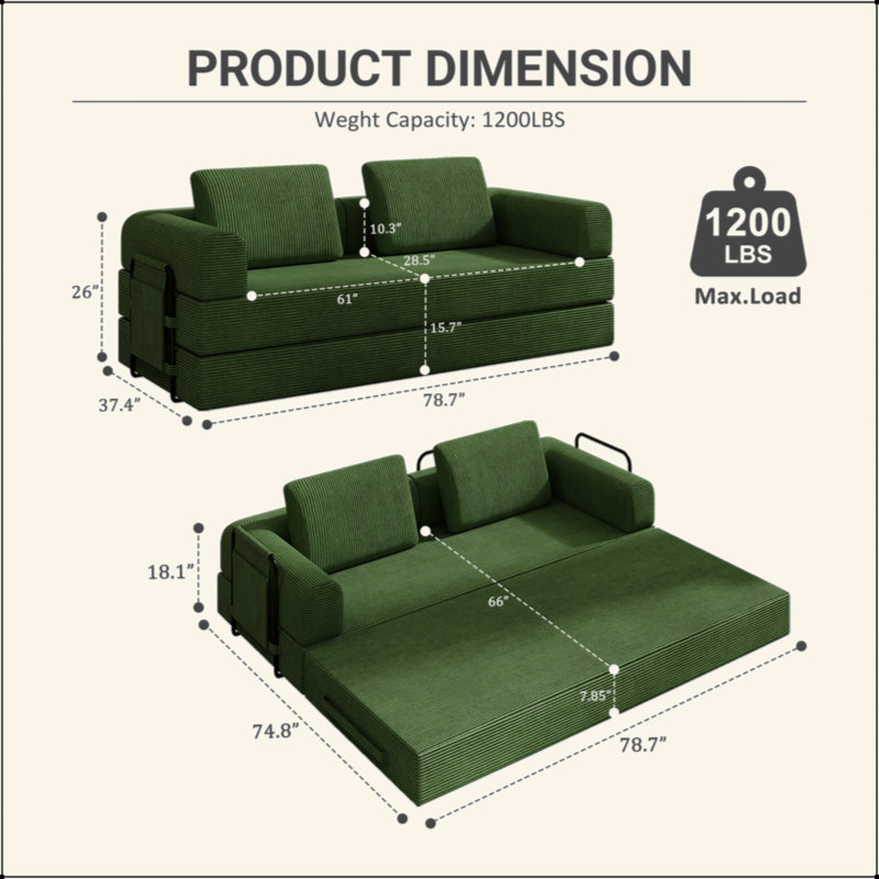 Canapé-lit convertible avec coussin cylindrique - Coussin en velours côtelé avec cadre de forme fixe pour le salon, la chambre à coucher, le salon, le studio