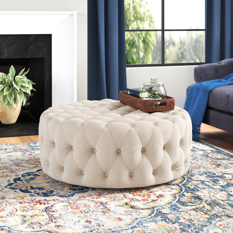 Willa 42" W Tufted Round Cocktail Ottoman,  Gray Velvet, Velvet
