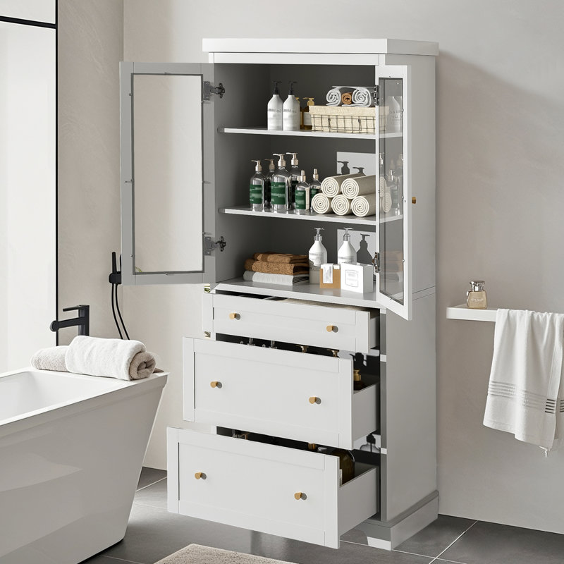 Grande armoire de salle de bain autoportante de 70,1 po avec portes en verre, 3 tiroirs et 2 tablettes réglables, fermeture en douceur, rangement moderne pour la salle de bain, le salon ou la cuisine