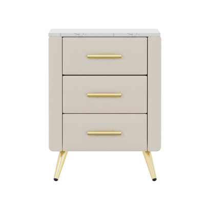 Modern Nightstand with 3 Drawers,Metal Legs & Handles,Marbling Stickers Worktop