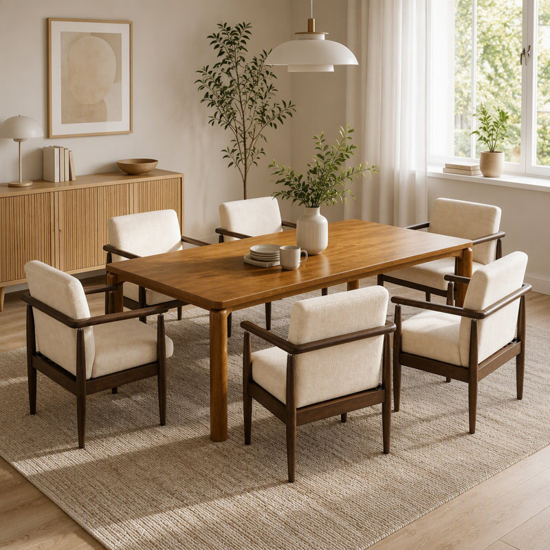 Ensemble de salle à manger de style milieu du siècle 7 pièces pour 6 personnes, table en hévéa et noyer de 178 cm avec 6 chaises rembourrées, revêtement en tissu beige