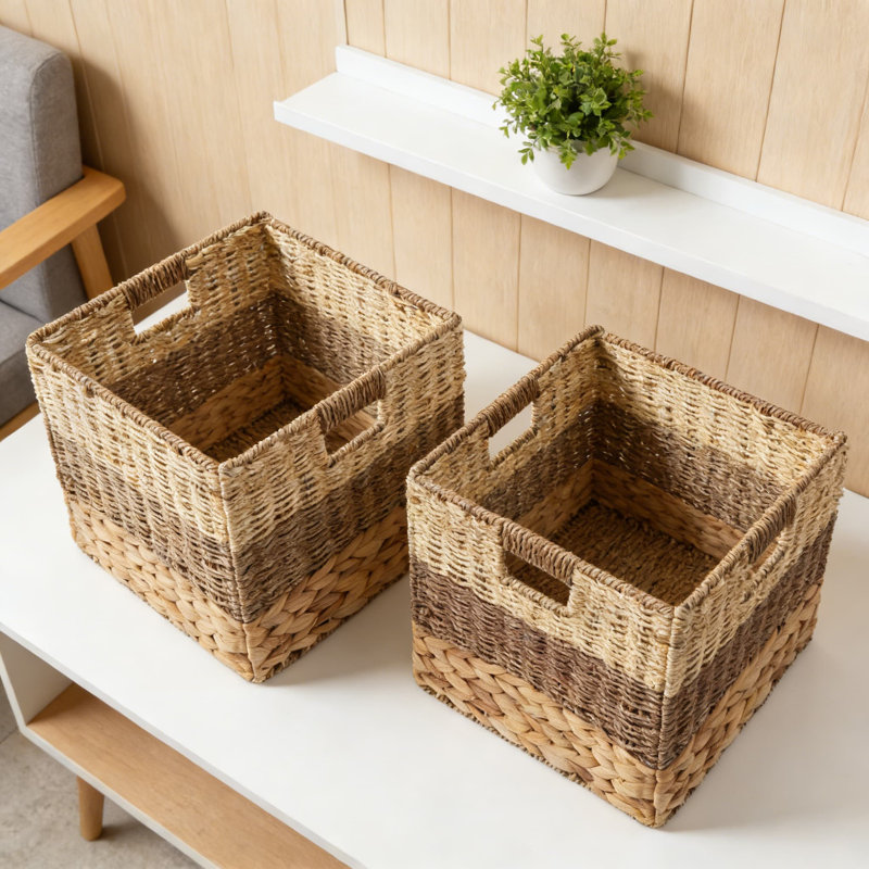 Mixed Weave Storage Basket Set Of 2, Handwoven Natural Wicker Cube Bins For Shelves, Foldable Organizer For Bathroom, Bedroom, Laundry, And Pantry