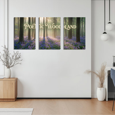 Poétique forêt boisée avec fleurs mauves, reproduction d'art sur toile tendue sur toile, ensemble de 3