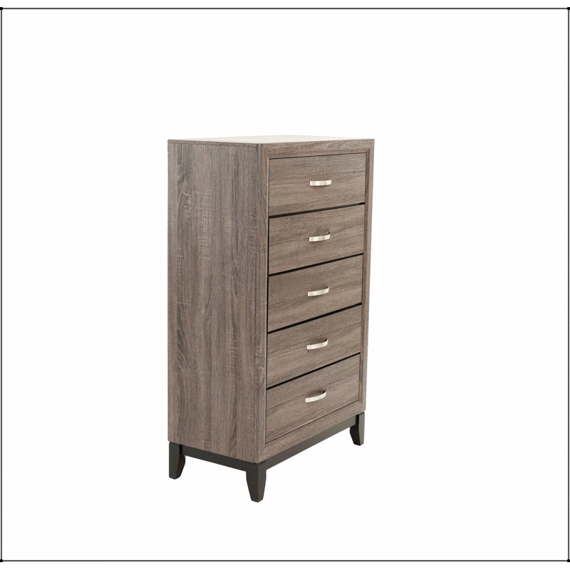 Grande commode rustique en chêne gris rustique avec 5 tiroirs, espace de rangement durable et spacieux pour les chambres à coucher modernes