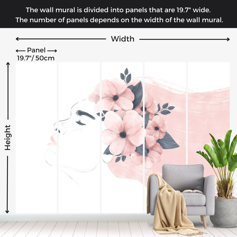 Murale abstraite - Femme avec des fleurs, L 157 po x L 110 po, Non encollé