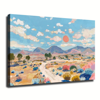 «Vibrant Desert Mountain Landscape» avec cactus colorés et soleil rouge, peinture à l'huile sur toile tendue pour grand salon
