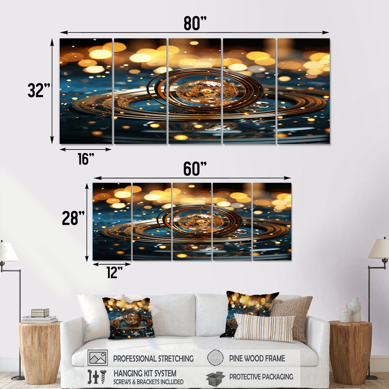 Sphère dorée sarcelle - ensemble de décorations murales abstraites 5 pièces, H 32 po x l 80 po