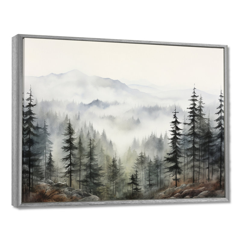 «Pine Misty Mountain II» sur toile, H 34 po x l 44 po, Reproduction avec cadre flottant, Argent