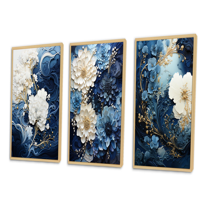 «Spirale d'encre liquide», 3 pièces sur toile, H 20 po x l 36 po, Encadrement brun