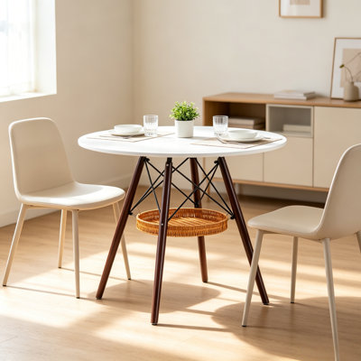 31.5" Dia. Nordic Style White MDF Coffee Table with Solid Wood Legs & Woven Storage Basket for Apartment, Balcony