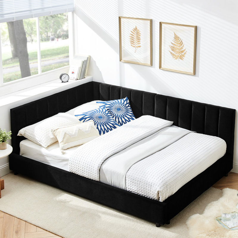 Lit de jour double confortable et confortable avec accoudoirs en velours noir pour le revêtement de la chambre à coucher,