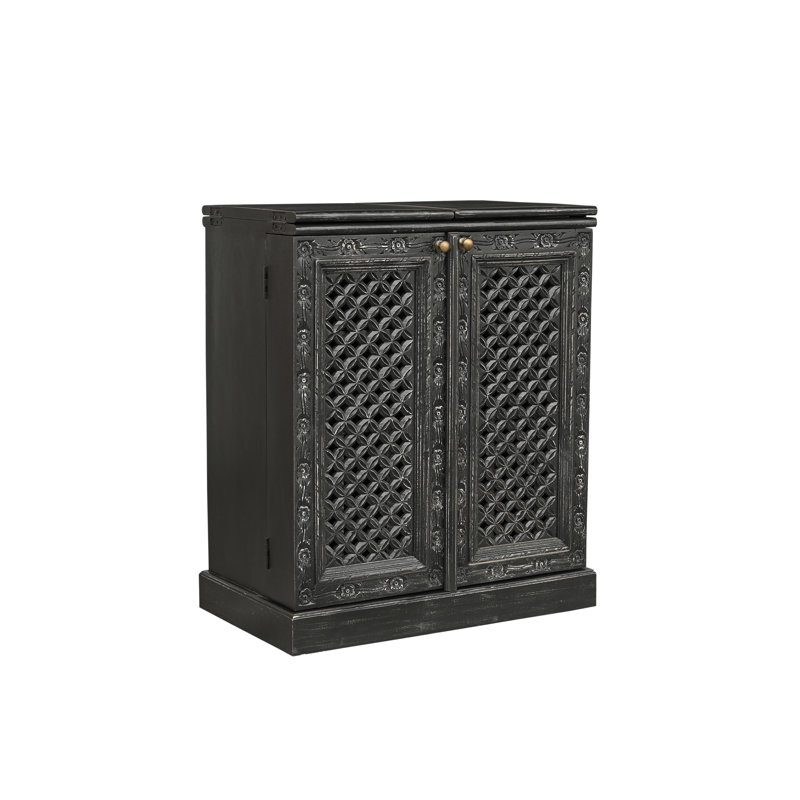 Expandable Solid Wood Mango Bar Cabinet with Stemware Rack & Bottle Storage, Black