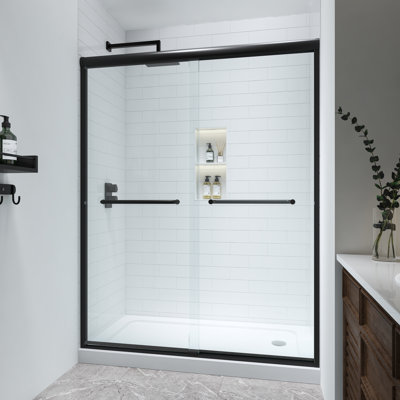60" W × 76" H Double Sliding Aluminum Framed Shower Door with Heat Soaking Process and Protective Coating Treatment