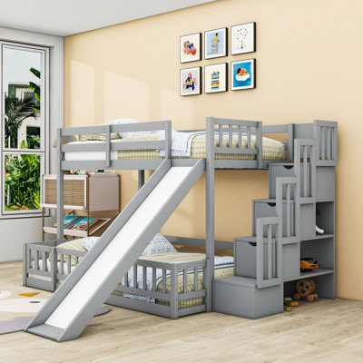 Twin Over Full Wooden Bunk Bed With Slide, Shelves And Staircase