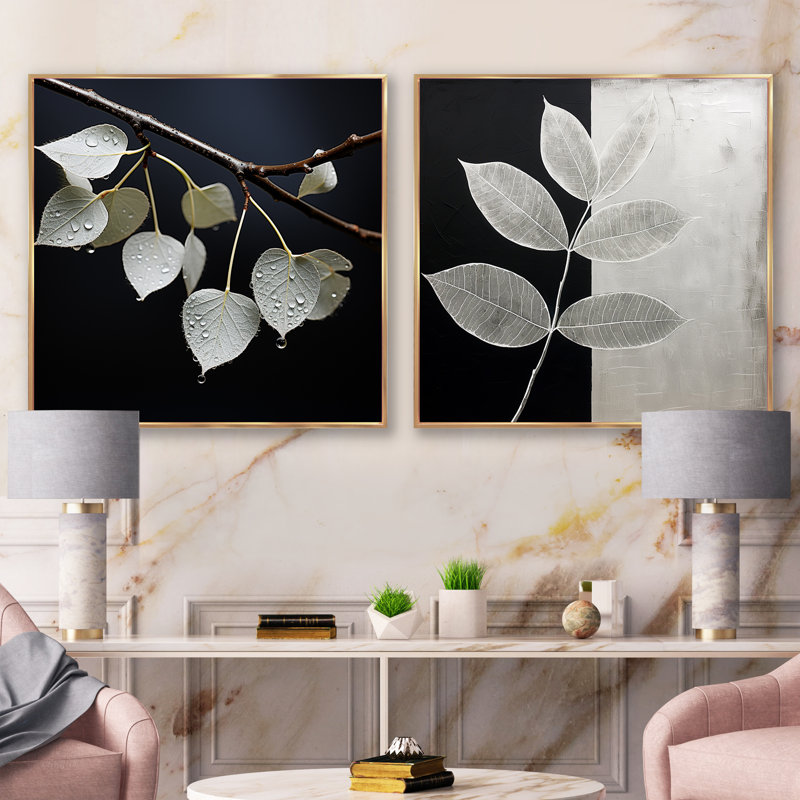 Laisser la silhouette en argent - ensemble de 2 feuilles carrées, Cadre flottant doré, H 36 po x l 73 po