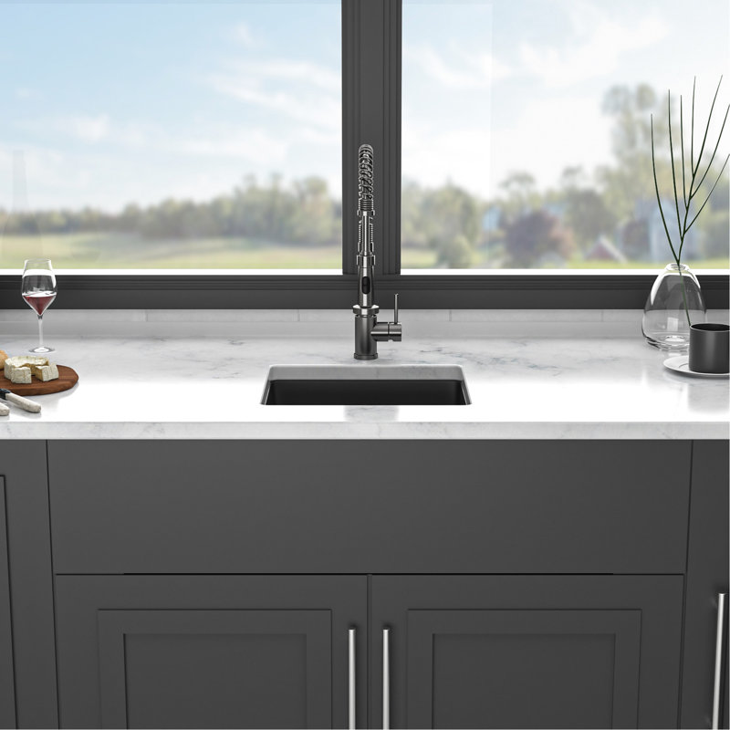 Black Quartz Undermount Kitchen Sink 17.58"X15.72" - Advanced Composite For A Stable Sink, Eliminates Noise And Dirt, Non Porous Cleaner Surfaces, Rounded Design, Comes With Guide Bottom Grid Granite