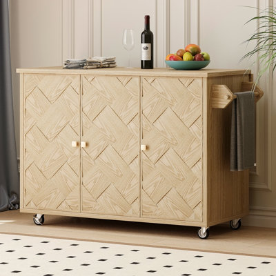 Îlot de cuisine en bois de frêne plaqué de frêne de 51,2 po de largeur (papier pas cher) avec abattant, îlot de cuisine sur roulettes avec support de rangement interne et chariot de cuisine roulant