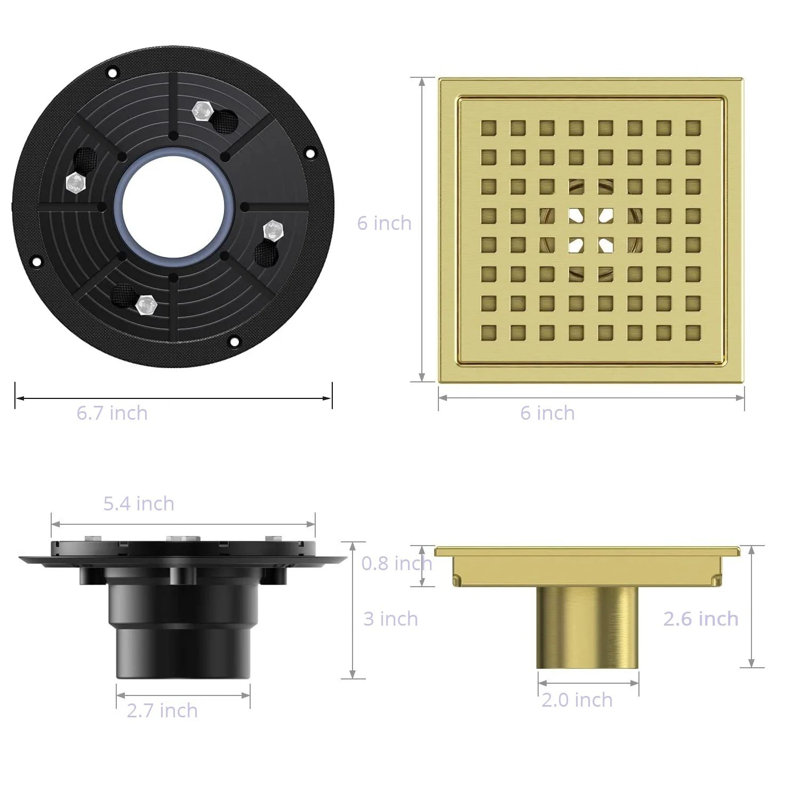Drain de plancher de douche carré 6 po (ensemble de 2), Or brossé