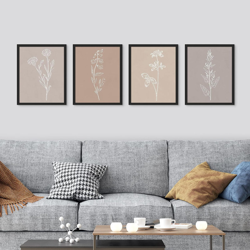 «Wildflower», dessin de silhouettes encadrées, 4 pièces, Cadre noir, H 14 po x l 11 po x P 1 po