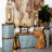 Metal Silver Storage Bench with Brown Wood Top Set