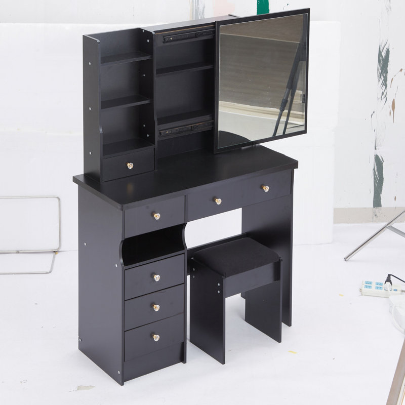 Bureau de meuble-lavabo 37 pouces avec grand miroir coulissant et rangement, Noir