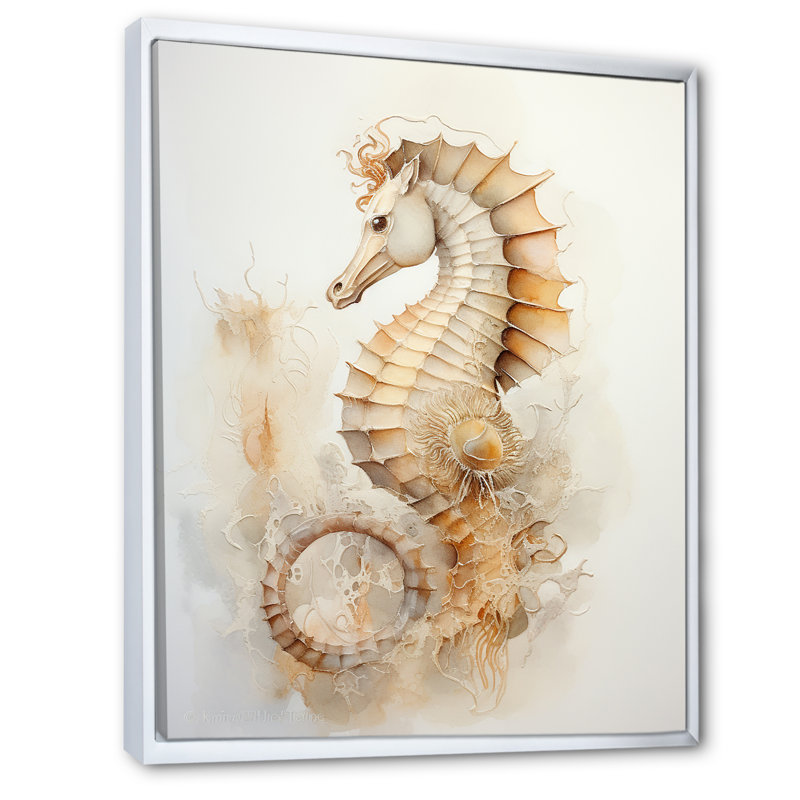 Hippocampe magique beige II sur toile, Cadre flottant blanc, H 20 po x l 12 po