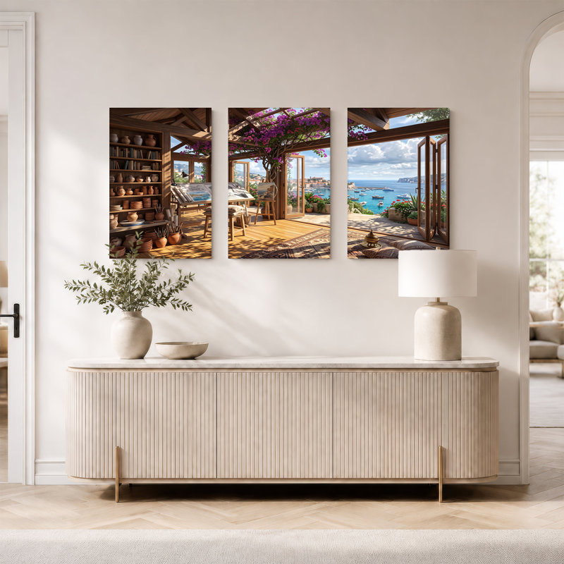 Studio en bois surplombant une ville côtière avec fleurs mauves, ensemble de 3 toiles, 30"H x 20"W x 3pcs