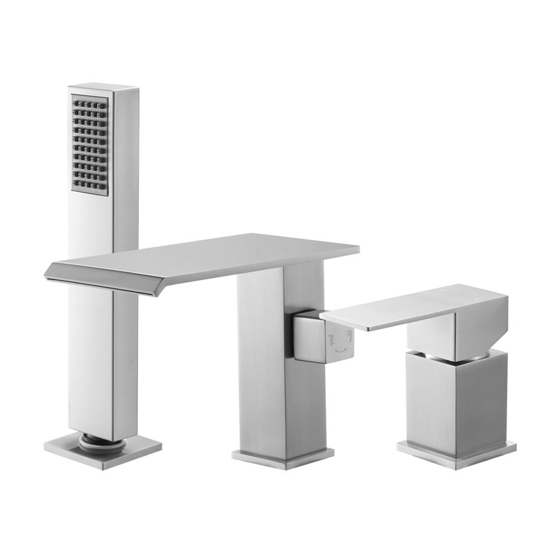 Robinet de baignoire romaine, robinet de baignoire cascade à 3 trous, ensemble de robinets de baignoire romaine avec pomme de douche et 1 poignée, ensemble de robinets de baignoire à fixation sur plateau pour la baignade pour adultes, acier inoxydable brossé, anti-goutte