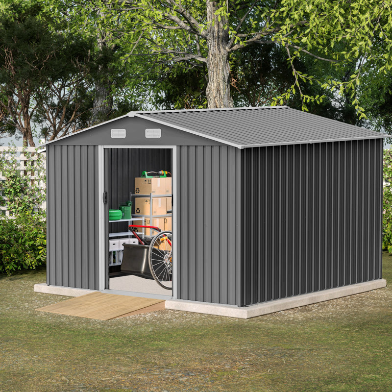 Storage Shed, 10X8 FT Outdoor Storage Shed,  Metal Foundation & Lockable Doors, Tool Shed For Garden, Patio, Backyard, Lawn, Grey