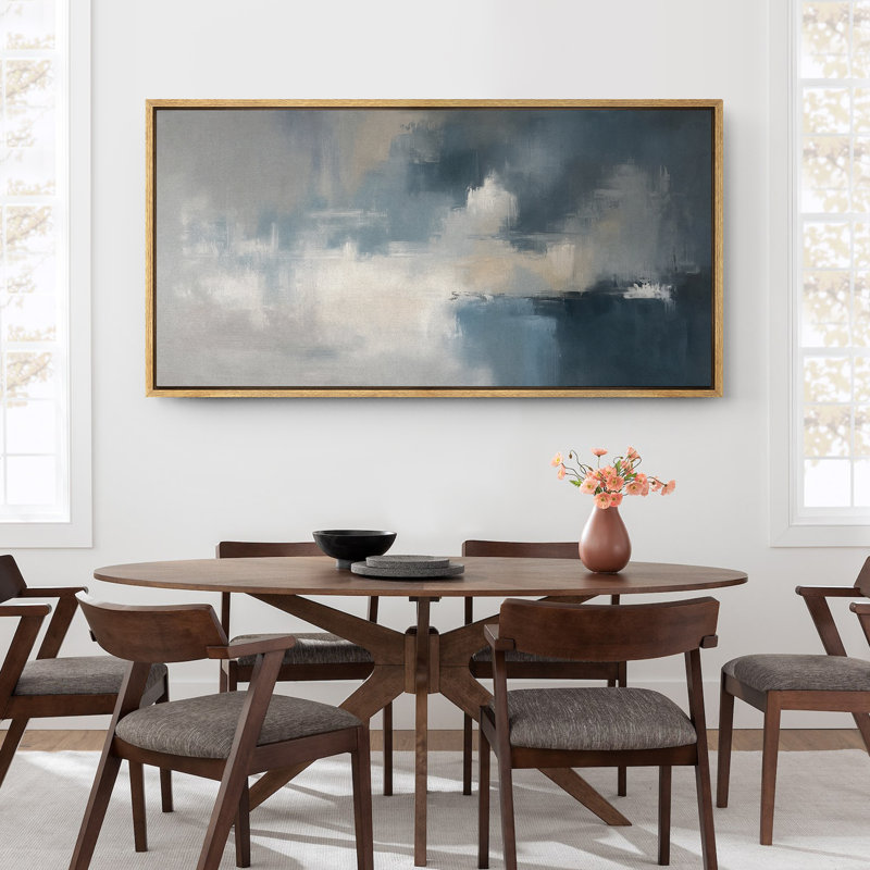 Blue and Grey Abstract Landscape Large Framed Canvas Print Wall Art for Modern Decor, Natural, 30" H x 60" W