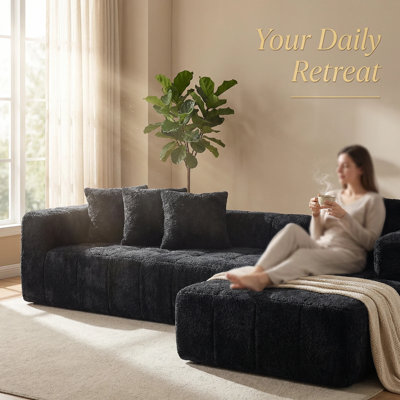 Oversized L-Shaped Boneless Sectional Sofa, Modern Shearling Bouclé Fabric Couch with Chaise, Compressed Vacuum Packaging, Plush Modular Sofa with 5 Throw Pillows for Living Room, Apartment, Office