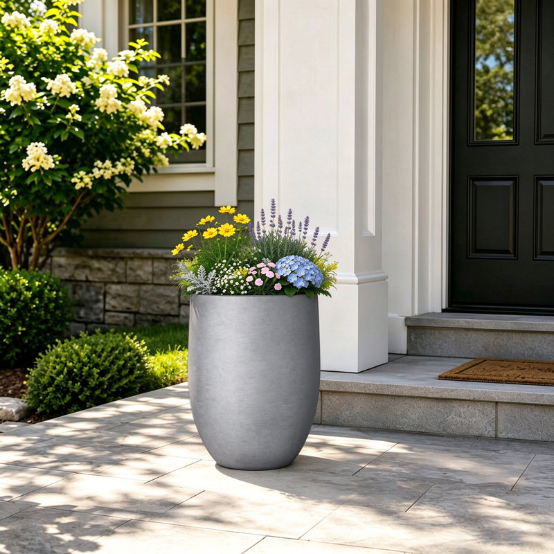 Pot à fleurs / pot rond en béton avec trous de drainage, Gris naturel
