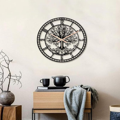 Tree Of Life Round Metal Large Wall Clock Silent Non-Ticking Decorative Clocks Battery Operated Quartz Quiet Clocks For Home (Black)