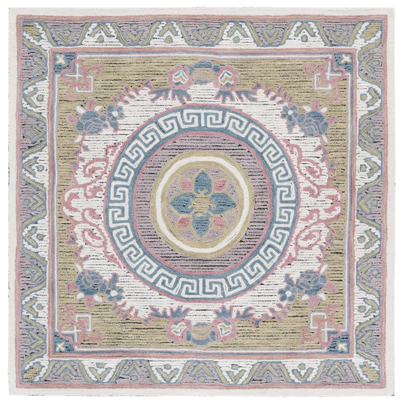 Tapis ivoire / beige en laine / coton touffeté à la main Savonnerie 403, Carré 6 pi