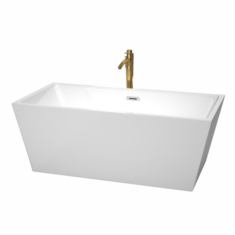 Sara 63'' x 32'' Soaking Acrylic Bathtub with Faucet, White/Polished Chrome/Brushed Gold