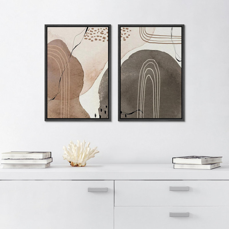Abstrait, harmonie, tons terreux et lignes élégantes, art moderne, décoration murale, nature nordique, 2 pièces, Noir